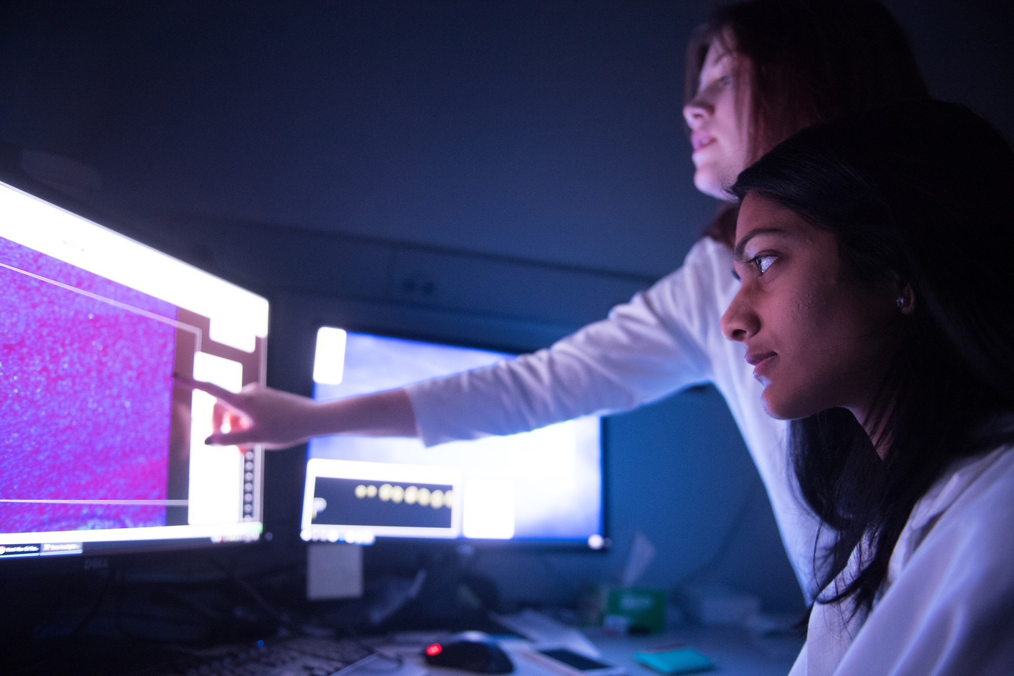 Akanksha Chilukuri and colleague analyzing info in lab