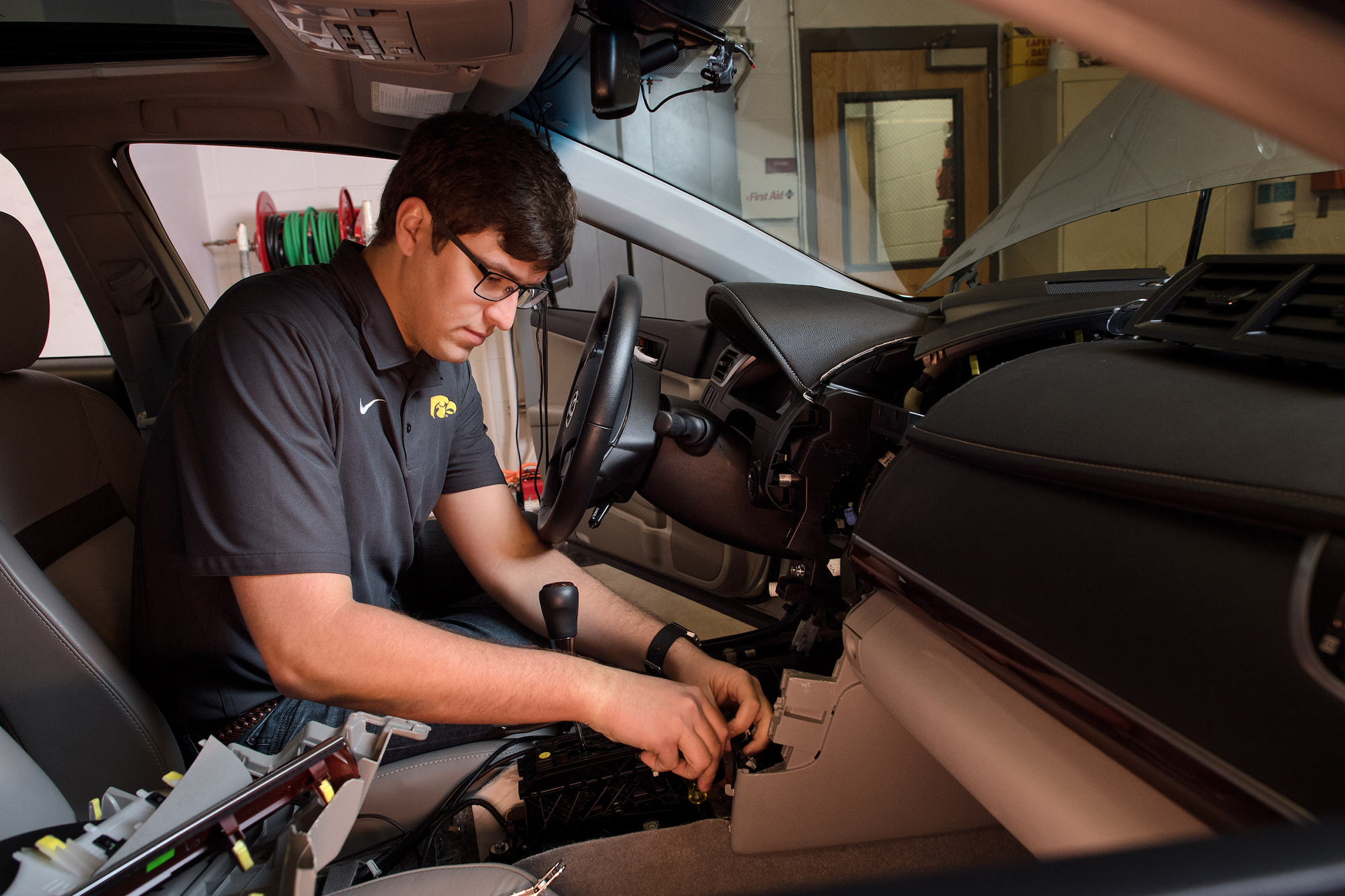 student working in driving simulator