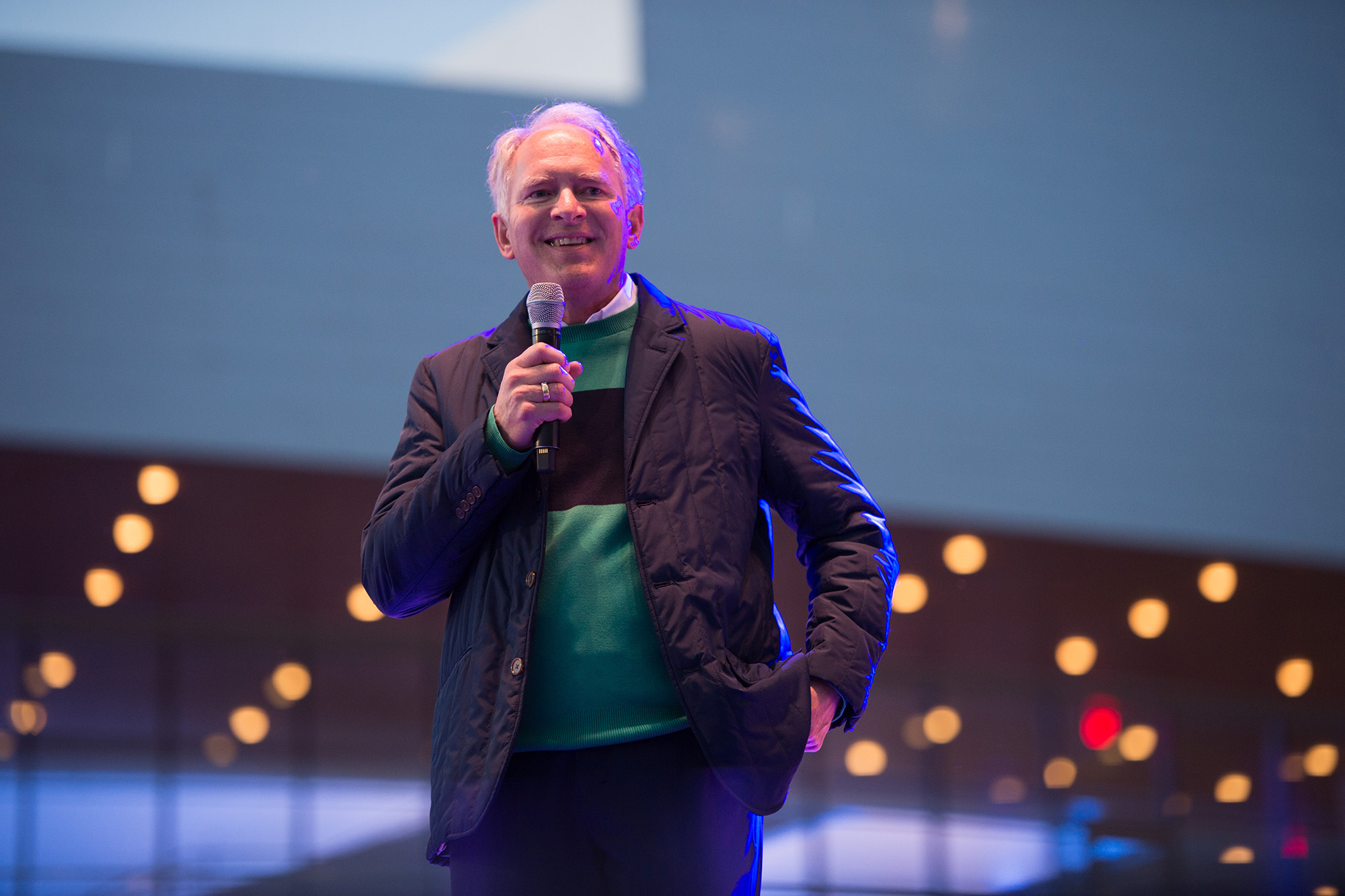 Hancher Executive Director Chuck Swanson speaking before Leslie Odom Jr.'s free outdoor performance at Hancher Auditorium