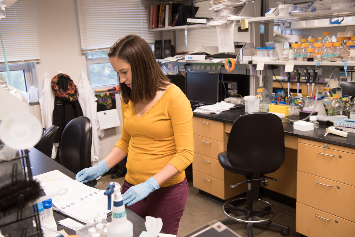 Students working in Joshua Weiner's lab in the Biology Building.