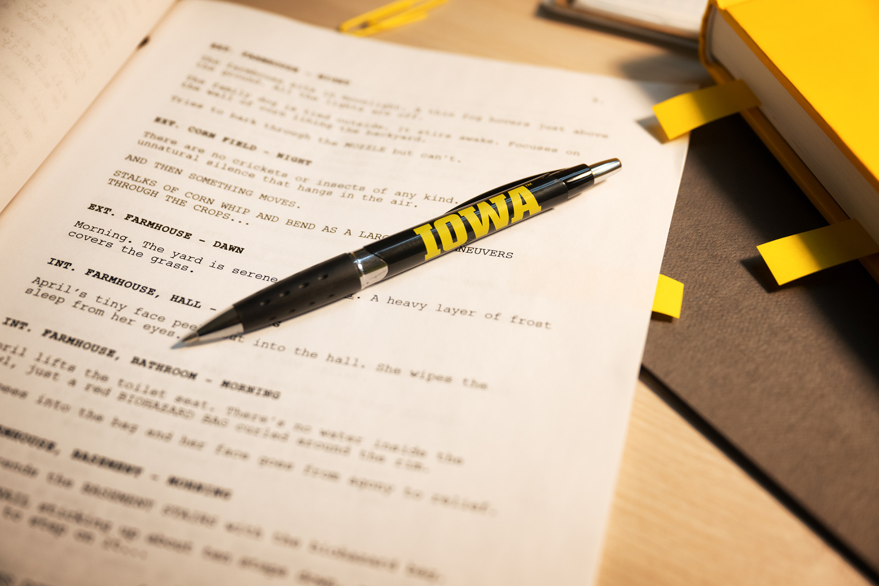 a screenplay on a desk, with an Iowa pen resting on top