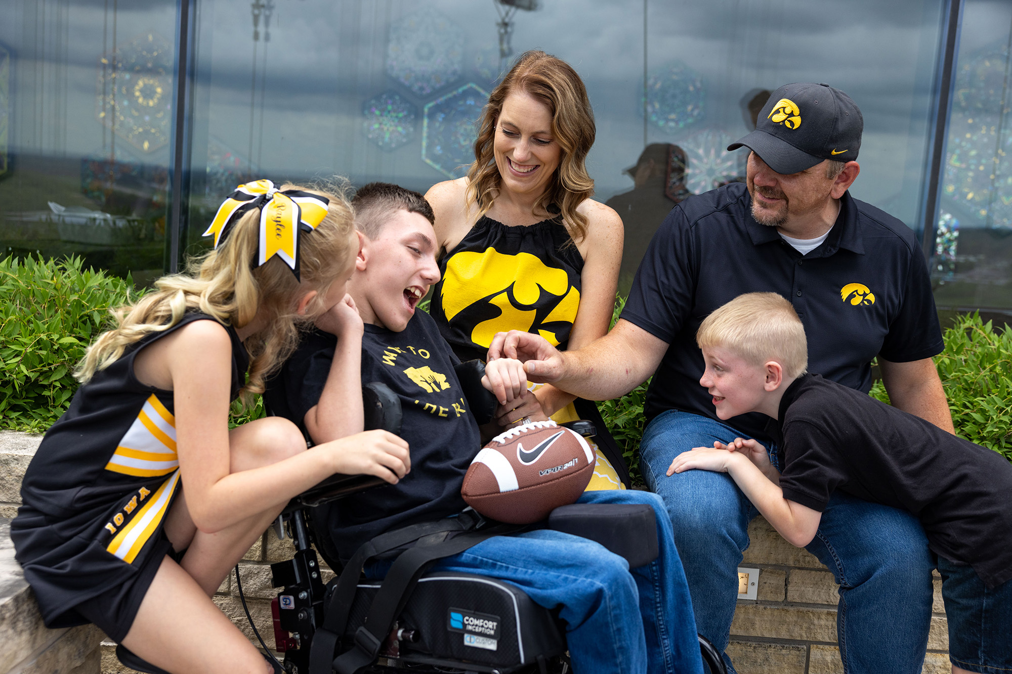 Lukas Hazen with his family outside UI Health Care Stead Family Chidren's Hospital