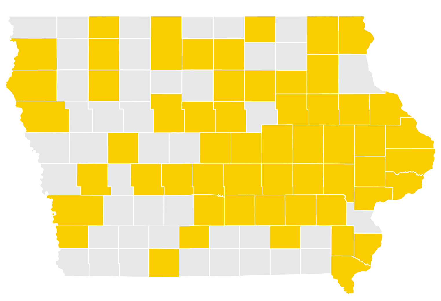 a map of iowa with certain counties shaded in gold