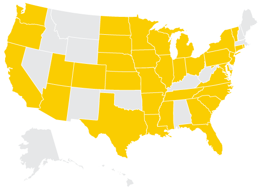 map of the united states with certain states shaded gold