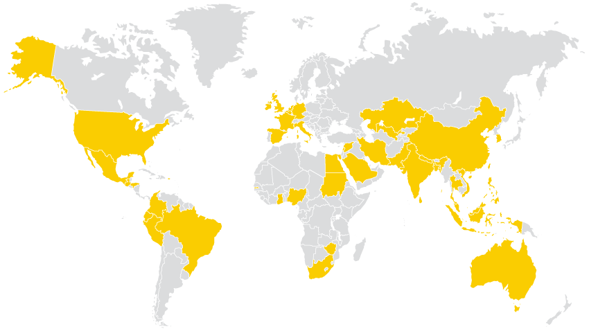 a world map with certain countries shaded gold