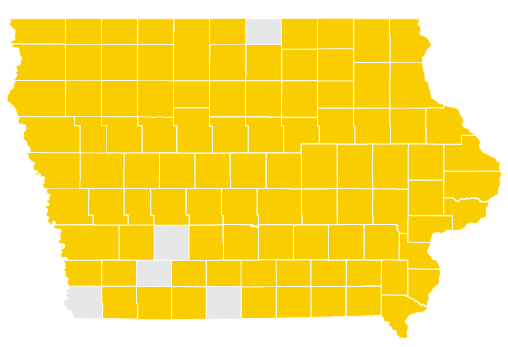 map of Iowa with certain counties shaded