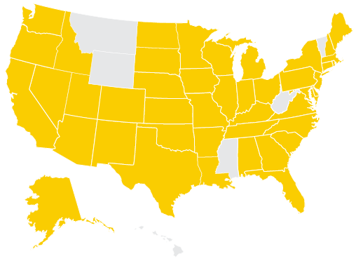 map of the united states with certain states shaded gold