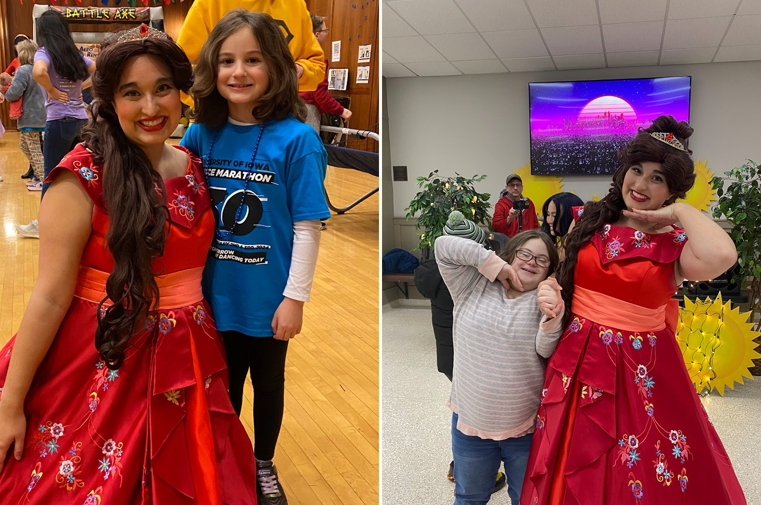 Two photos of a princess smiling and taking photos with children