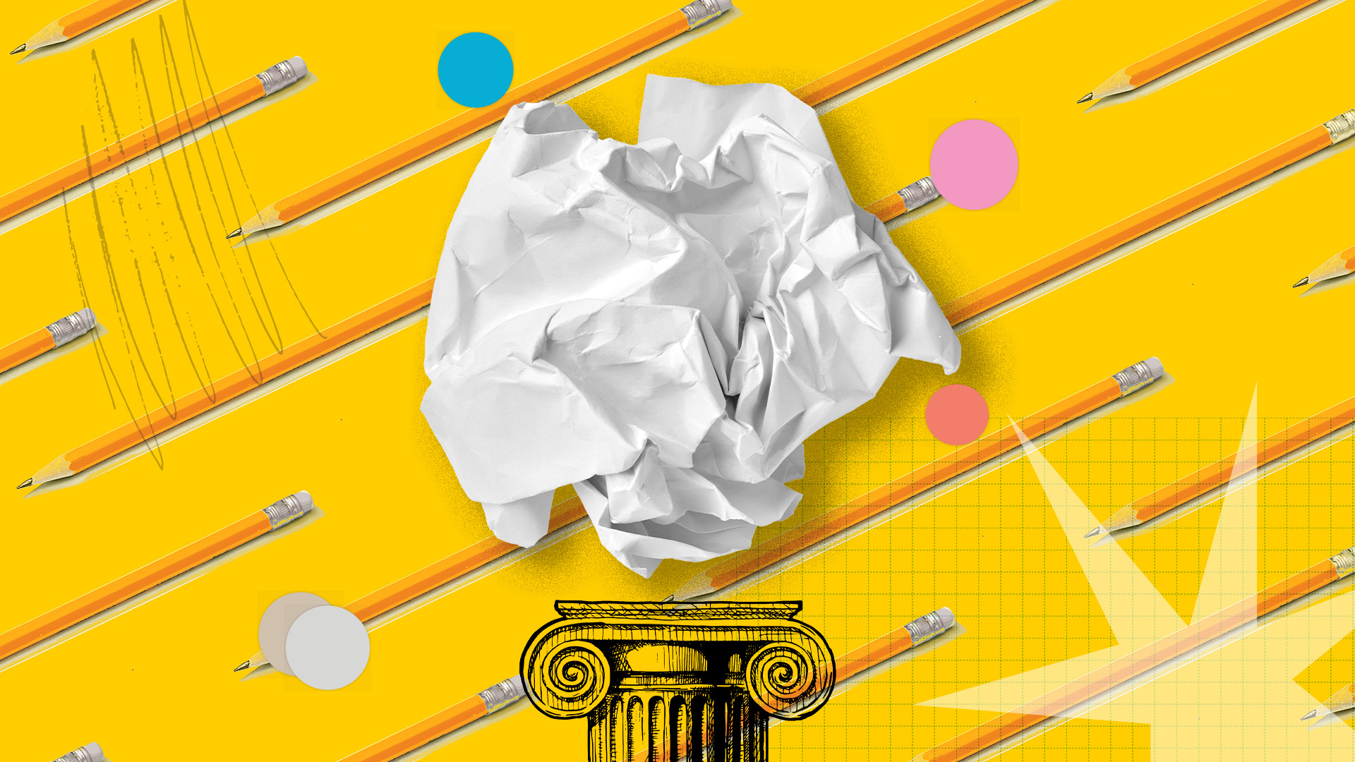an illustration of a crumpled piece of paper, a pillar, and pencils