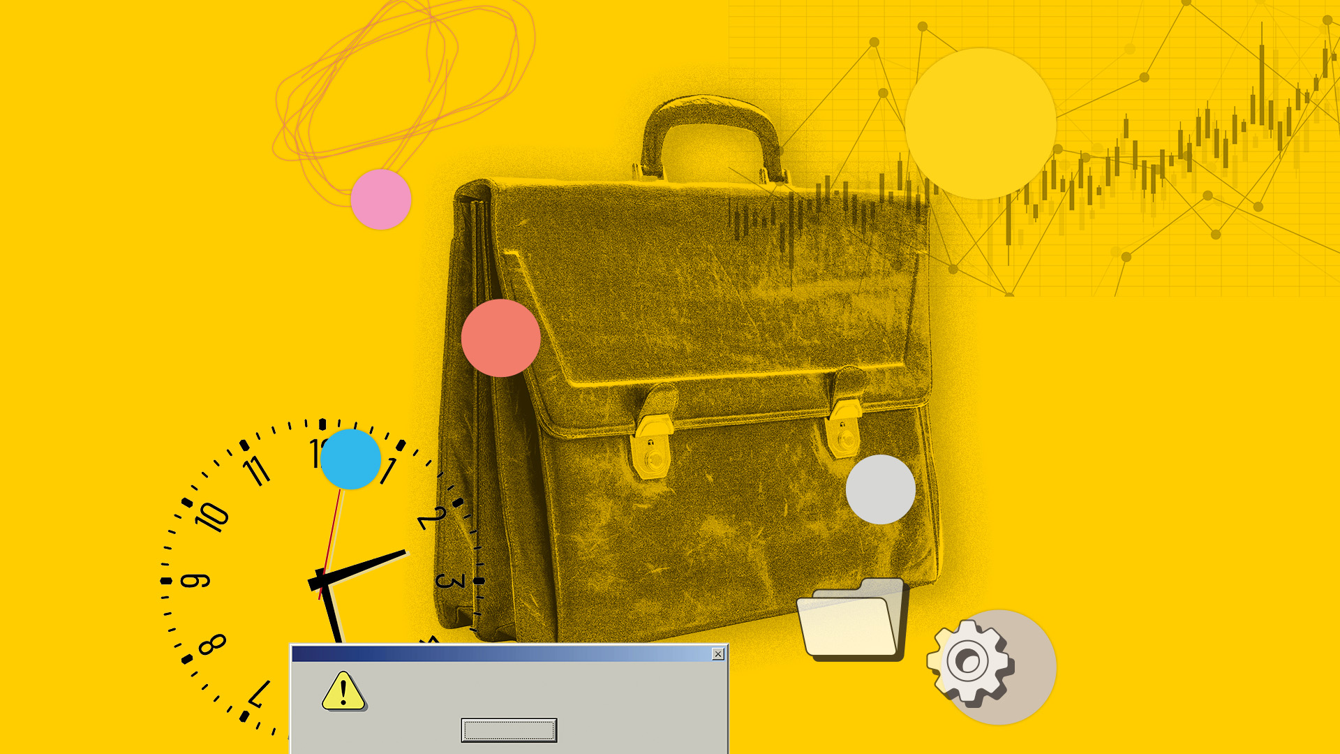 an illustration of a briefcase, a clock, a graph, and software icons