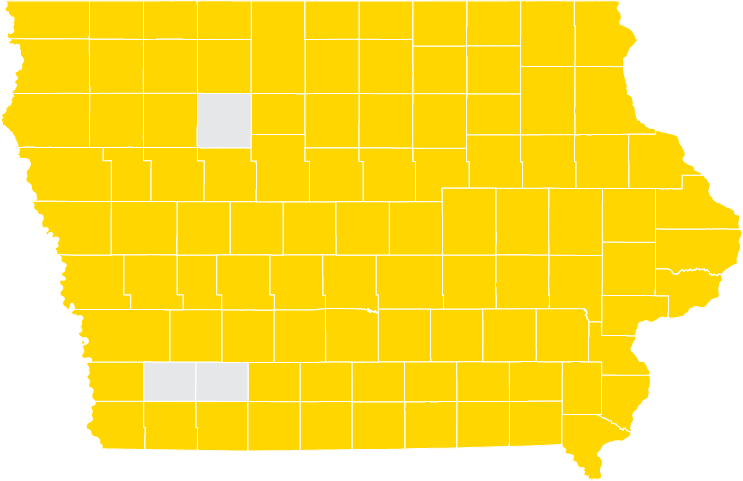 iowa map with certain counties shaded gold