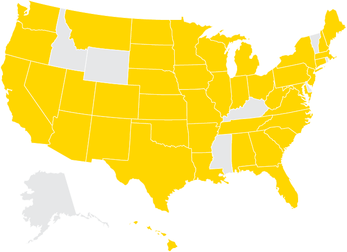 u.s. map with certain states shaded gold