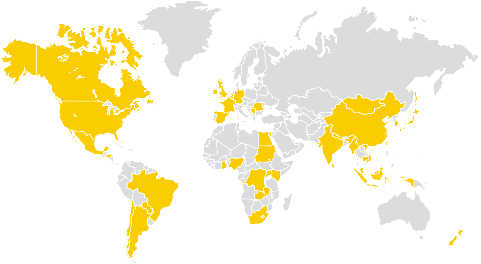 world map with certain countries shaded gold