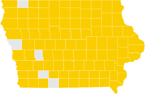 iowa map with certain counties shaded gold