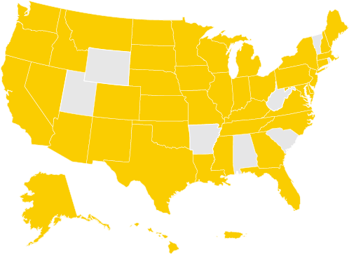 u.s. map with certain states shaded gold