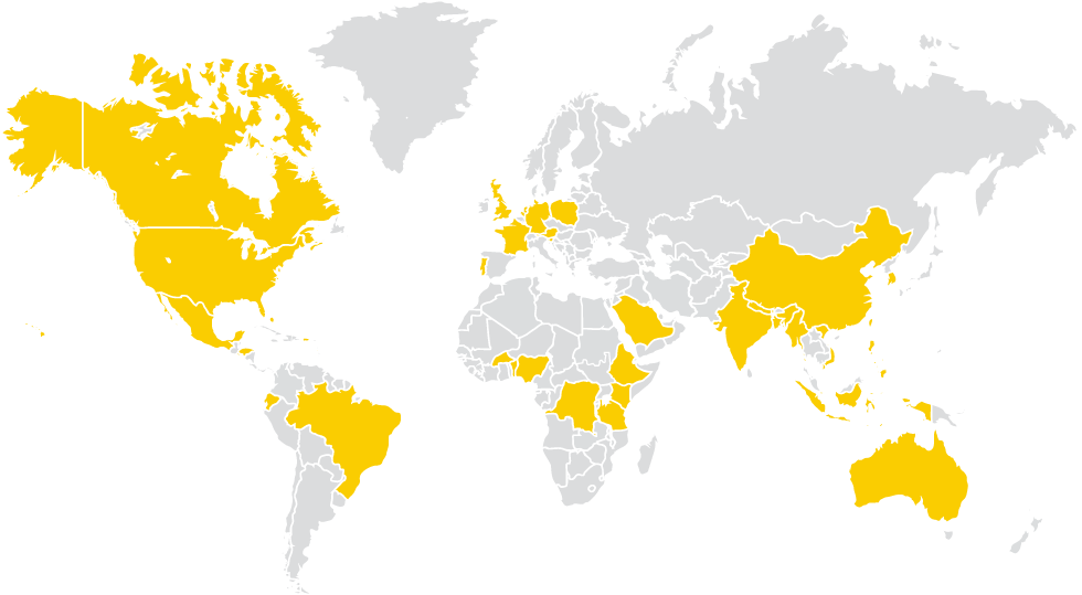 world map with certain countries shaded gold