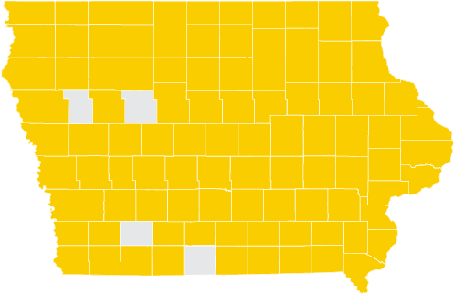 iowa map with certain counties shaded gold