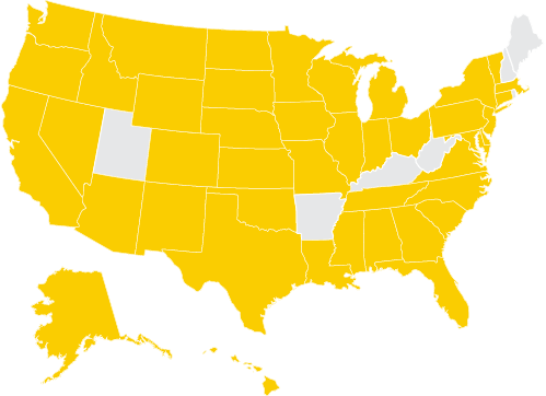 u.s. map with certain states shaded gold