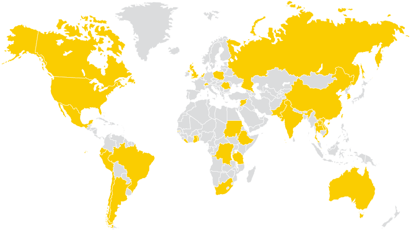 world map with certain countries shaded gold