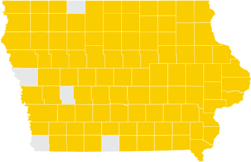iowa map with certain counties shaded gold