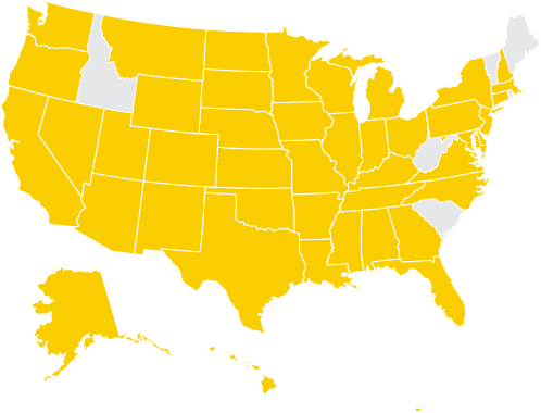 u.s. map with certain states shaded gold
