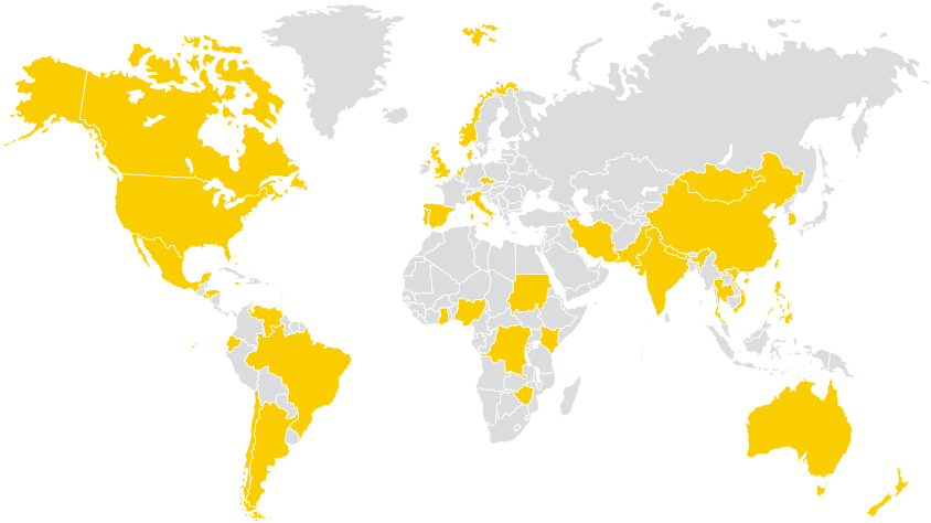 world map with certain countries shaded gold