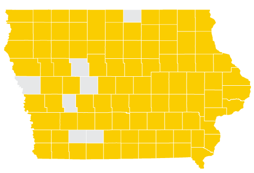 iowa map with certain counties shaded gold