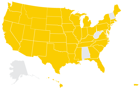 u.s. map with certain states shaded gold