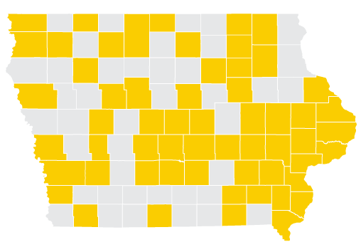 iowa map with certain counties shaded gold