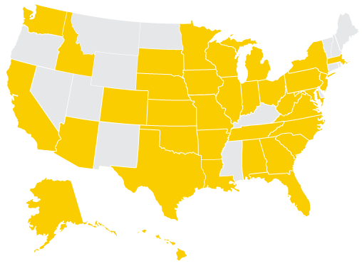 u.s. map with certain states shaded gold