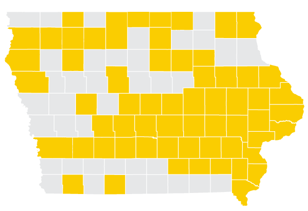 iowa map with certain counties shaded gold