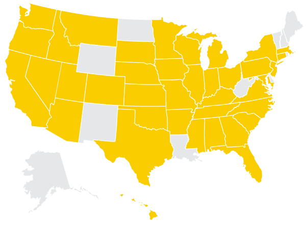 u.s. map with certain states shaded gold