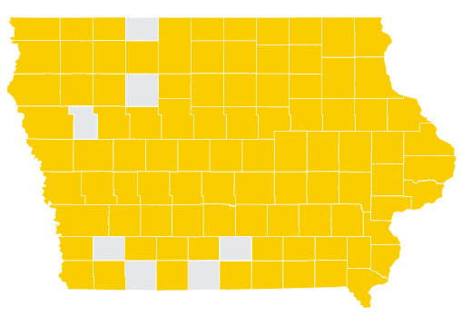 iowa map with certain counties shaded gold