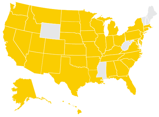 u.s. map with certain states shaded gold