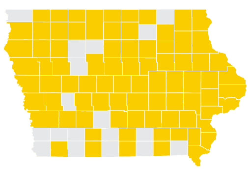 iowa map with certain counties shaded gold