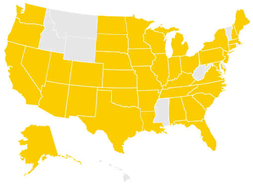 u.s. map with certain states shaded gold