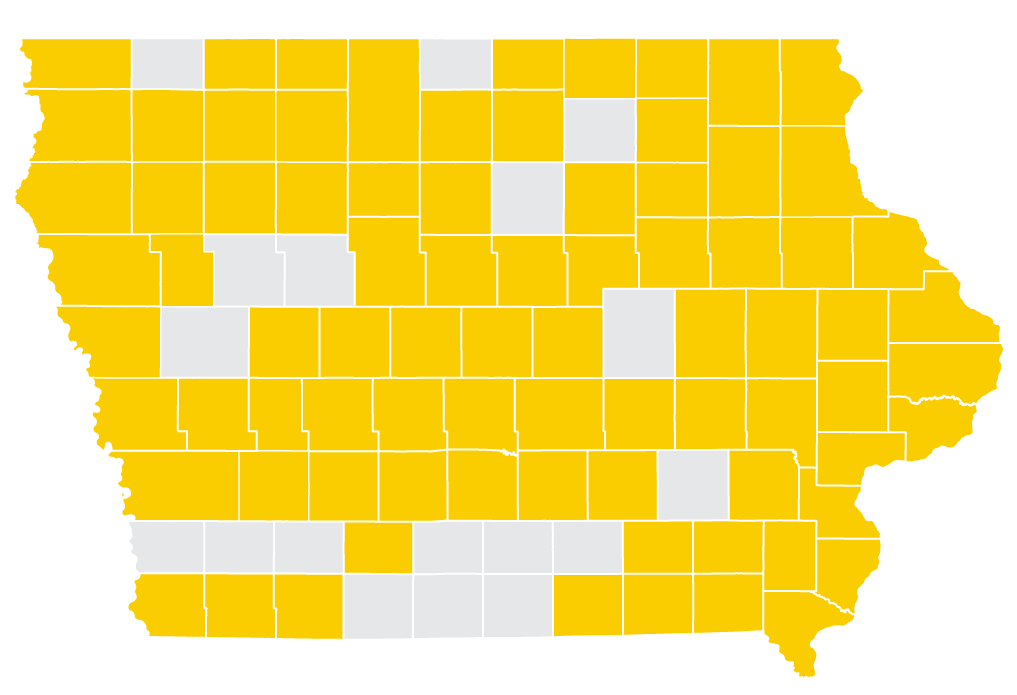 iowa map with certain counties shaded gold