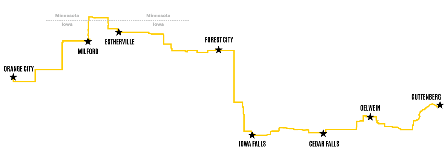 2025 RAGBRAI route showing the starting town (Orange City), overnight towns (Milford, Estherville, Forest City, Iowa Falls, Cedar Falls, Oelwein), and the finishing town (Guttenberg)