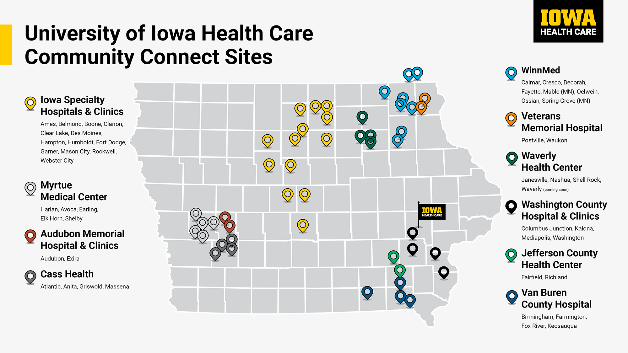 a map of iowa with pins that show the locations of nine hospital systems that are part of University of Iowa Health Care’s Community Connect Iowa (CCI) program