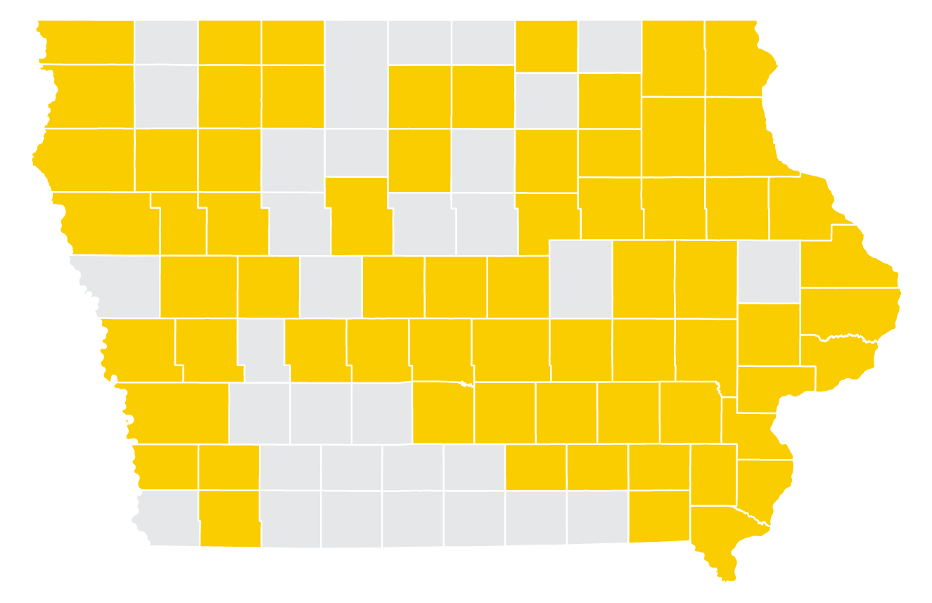 iowa map with certain counties shaded gold