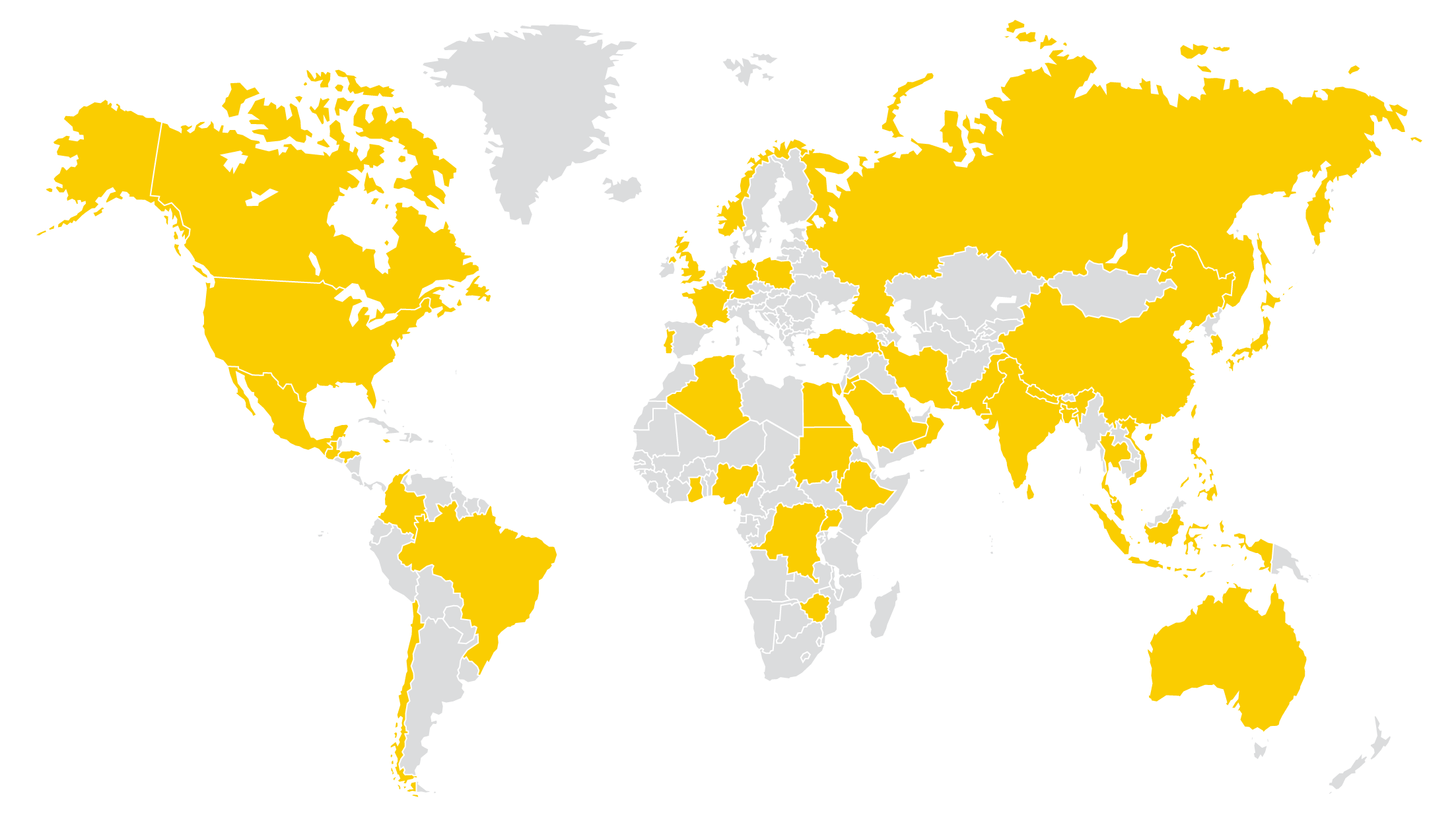 world map with certain countries shaded gold
