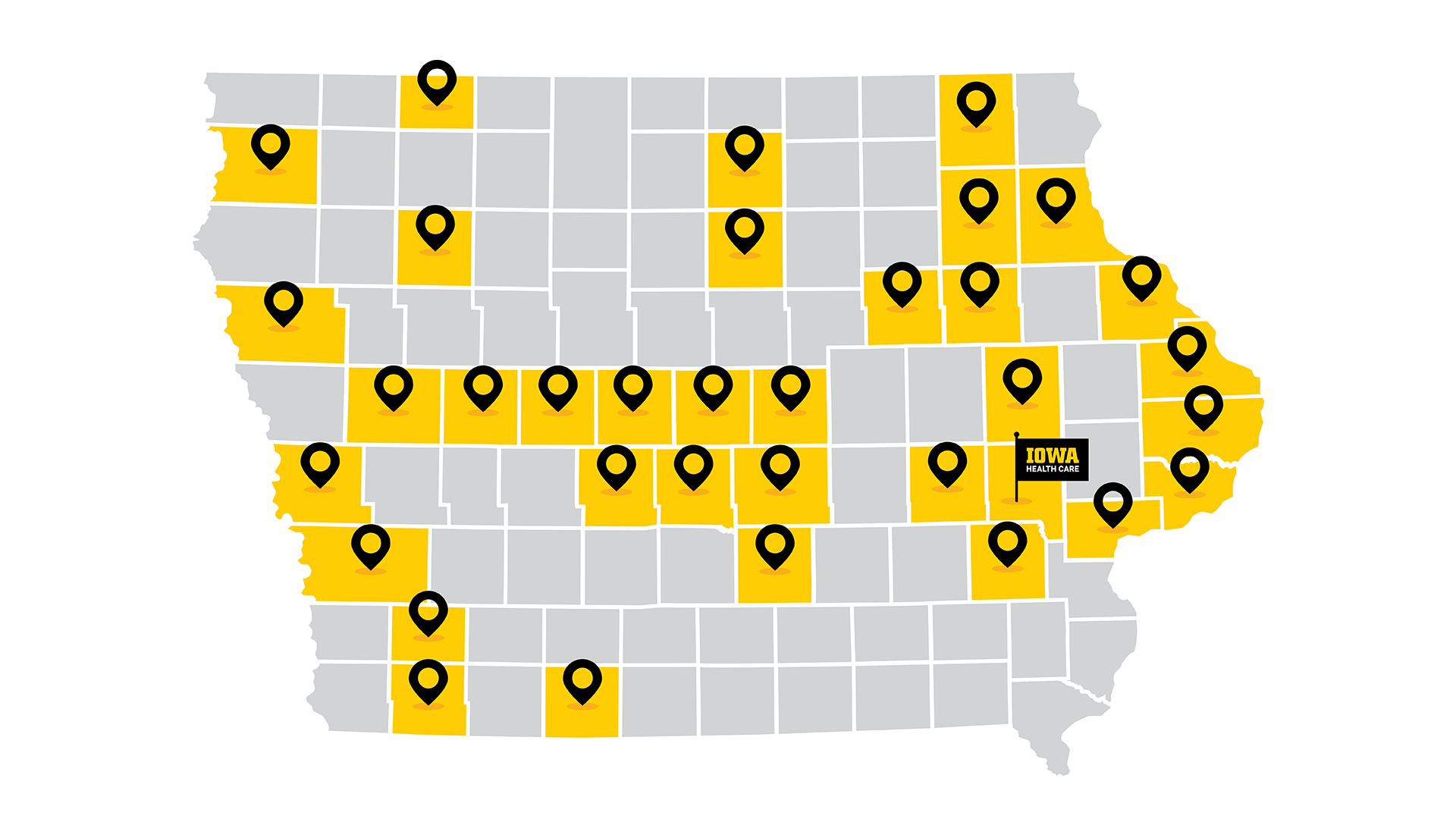 a map of iowa with pins in certain counties