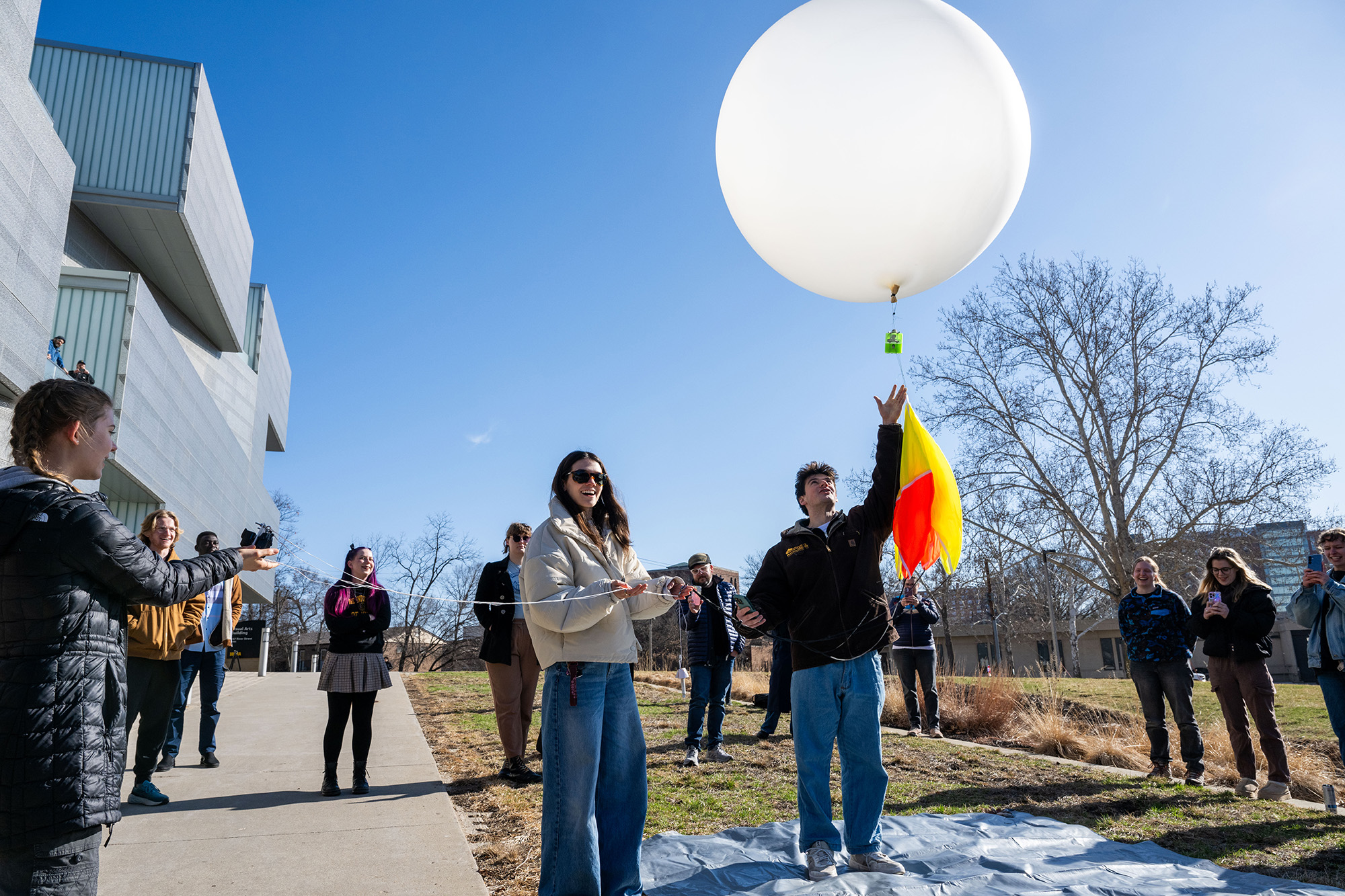 University of Iowa students conducting a test balloon launch in Iowa City