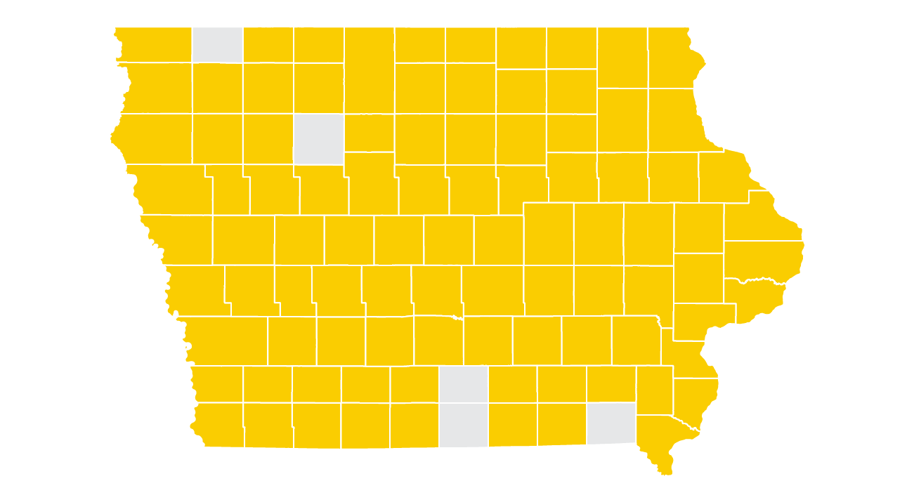 map of Iowa with 94 of 99 counties shaded gold