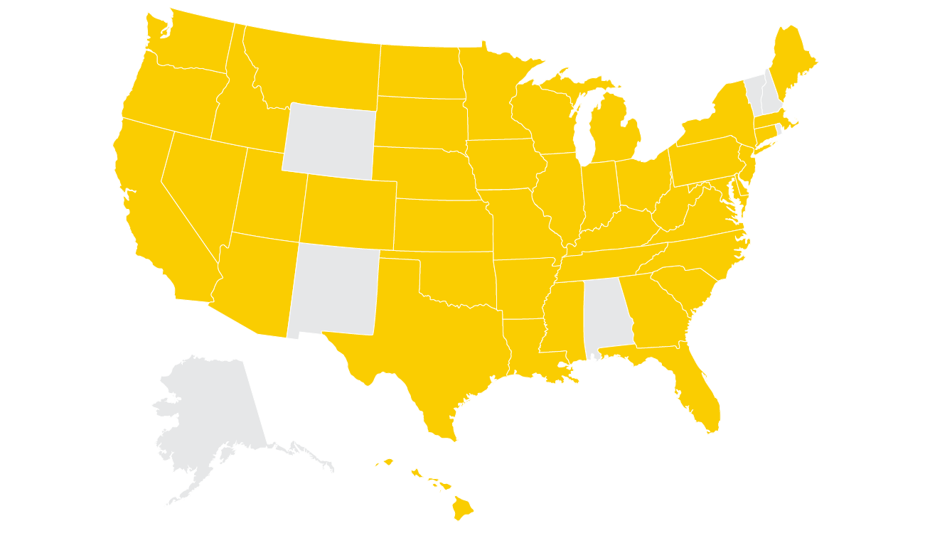 map of the united states with 43 states shaded gold