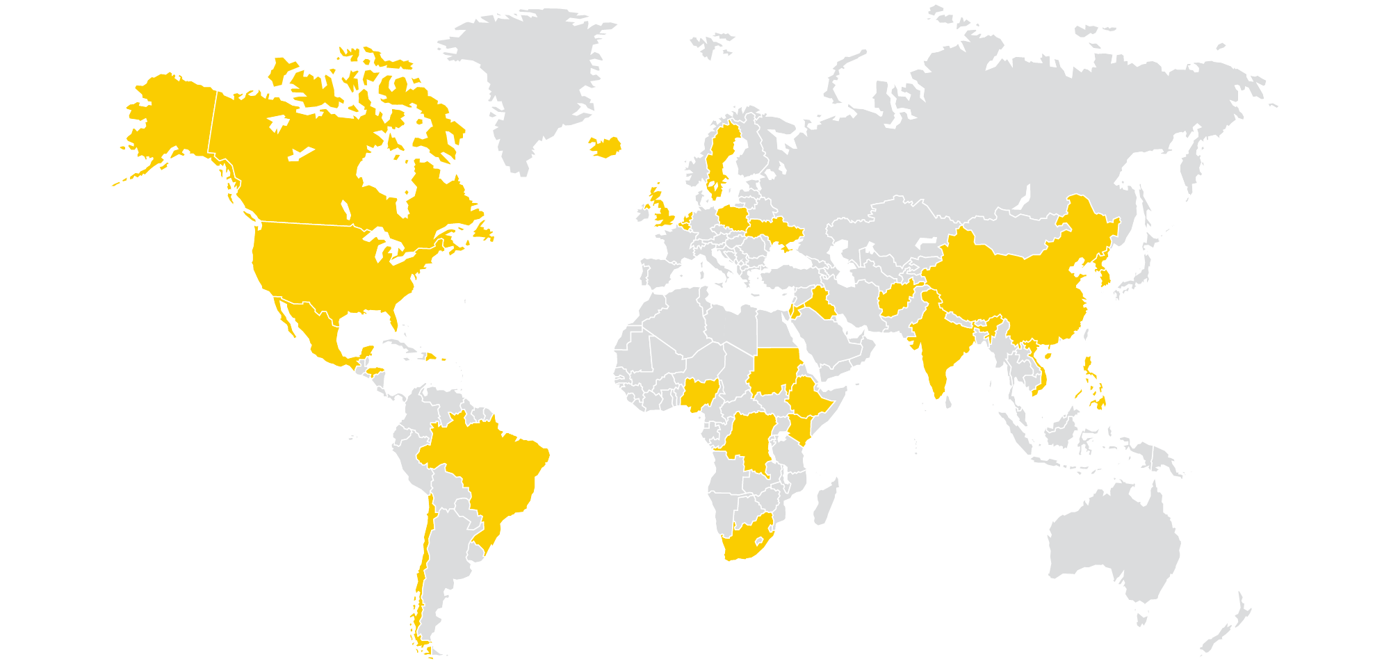world map with 30 countries shaded gold