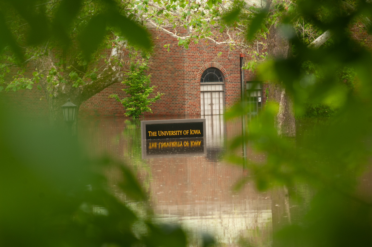 University of Iowa sign in flood waters