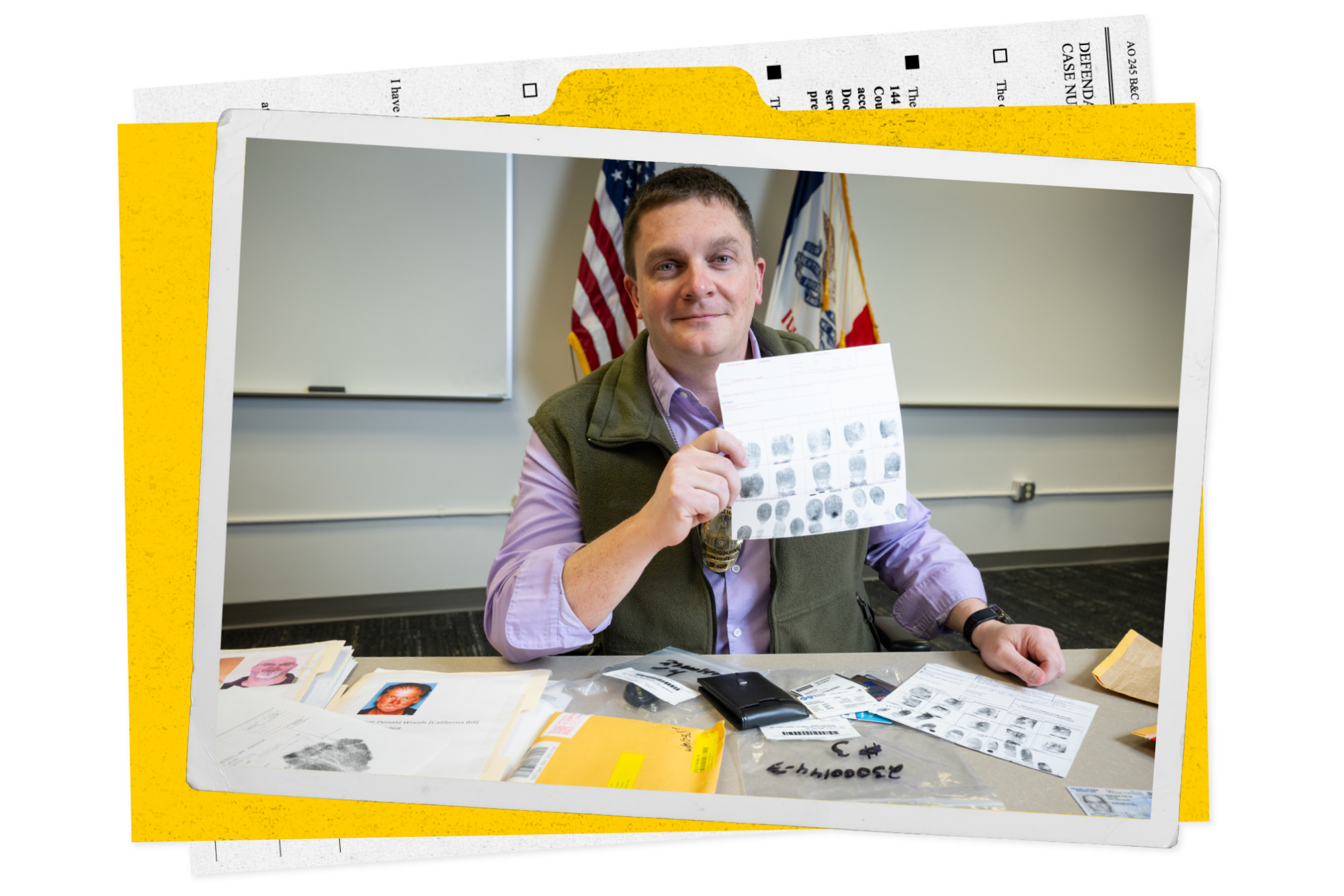 a police detective with an assortment of documents