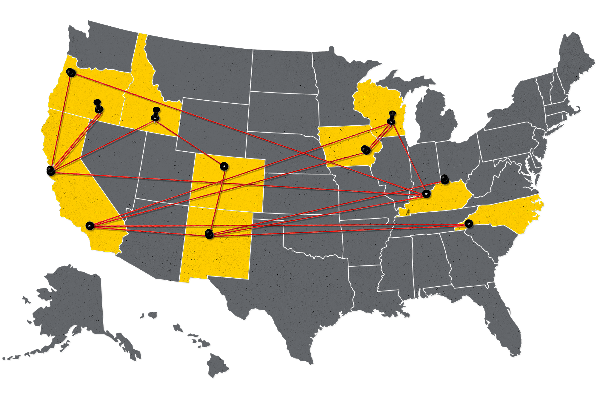 a United States map with the following states shaded gold and connected by threads: California, Oregon, Idaho, Colorado, New Mexico, Iowa, Wisconsin, Kentucky, and North Carolina