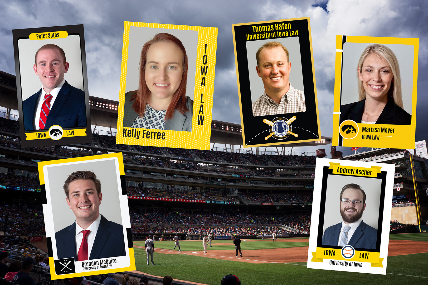 University of Iowa law students shown on baseball cards with a ballpark scene in the background